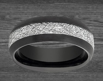 Black Meteorite Ring Mens Wedding Band Tungsten Ring 8mm Mens Ring Meteorite Wedding Rings Black Galaxy Ring Unique Promise Ring for Him
