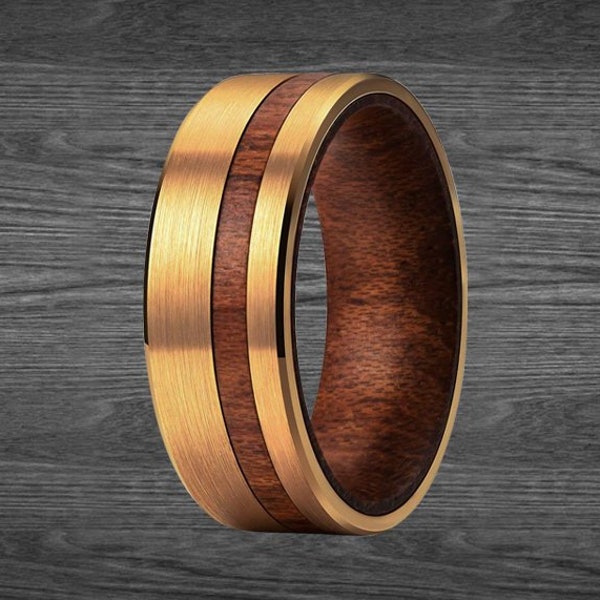 14K Gold Wedding Band Mens Ring Wood Inlay Ring - Koa Wood Ring Mens Wedding Band - Koa Wood Engagement Ring Tungsten Ring Unique Mens Ring