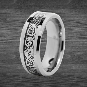 8mm/6mm Viking Ring Mens Wedding Band Celtic Ring - Unique Dragon Ring Celtic Wedding Ring Mens Ring - Celtic Knot Ring Silver Couples Rings