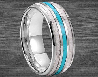 Turquoise & Deer Antler Ring Mens Wedding Band Tungsten Ring, 8mm Mens Turquoise Ring Tungsten Wedding Band Mens Ring Antler Inlay Bone Ring