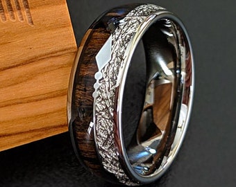Meteorite Ring Mens Wedding Band Koa Wood Ring Tungsten Wedding Band Mens Ring, Meteorite Engagement Ring Arrow Ring Wood Inlay Wedding Ring