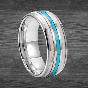 Turquoise & Deer Antler Ring Mens Wedding Band Tungsten Ring, 8mm Mens Turquoise Ring Tungsten Wedding Band Mens Ring Antler Inlay Bone Ring