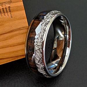 Meteorite Ring Mens Wedding Band Koa Wood Ring Tungsten Wedding Band Mens Ring, Meteorite Engagement Ring Arrow Ring Wood Inlay Wedding Ring