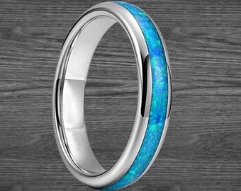 4mm Blue Opal Ring Tungsten Wedding Bands Women Ring - Mens Wedding Band Thin Tungsten Ring Green Opal Wedding Bands Women Nature Ring