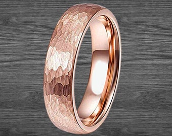 6mm ハンマー加工リング 18K ローズゴールド 結婚指輪 メンズリング タングステン 結婚指輪 レディースリング ローズゴールドリング メンズ結婚指輪 カップルリングセット