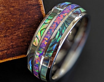 Unique Abalone Ring Mens Wedding Band with Opal Inlay Ring - Tungsten Wedding Band Mens Ring Opal Engagement Ring - 8mm Opal Rings for Men