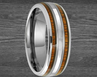 Silver Mother of Pearl Ring Mens Wedding Band Tungsten Ring Koa Wood Wedding Band with Pearl Inlay 5th Anniversary Gifts for Men Wooden Ring