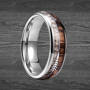 Anello in legno di zebra da 6 mm con intarsio a freccia, anello in corno di cervo, fede nuziale da uomo, anello con freccia, fedi nuziali in corno, anello da donna, anello naturale, set di anelli per coppie