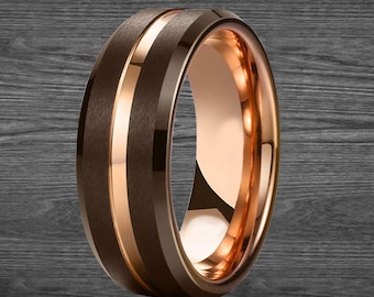 Rose Gold Ring Mens Wedding Band Tungsten Ring, 8mm Espresso Brown Ring Rose Gold Wedding Band Mens Ring, Male Wedding Band Promise Ring