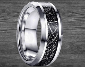 Silver Meteorite Ring Mens Wedding Band Tungsten Ring Black Meteorite Wedding Band Mens Ring 8mm Unique Space Rock Rings for Men Sizes 6-14