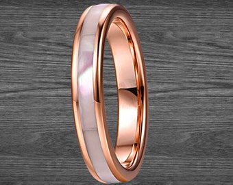 Thin Rose Gold Ring Womens Wedding Band Tungsten Ring Mother of Pearl Ring Tungsten Wedding Bands Women Ring 4mm Rose Gold Mens Wedding Band