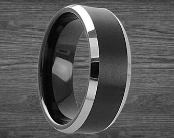 Black & Silver Ring with Beveled Edges Mens Wedding Band Tungsten Ring - 8mm Black Wedding Band Mens Ring Unique Wedding Rings for Men