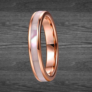 Thin Rose Gold Ring Womens Wedding Band Tungsten Ring Mother of Pearl Ring Tungsten Wedding Bands Women Ring 4mm Rose Gold Mens Wedding Band