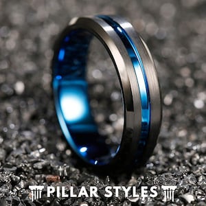 6mm Black Tungsten Wedding Band Mens Ring Blue Groove, Mens Wedding Band Blue Ring, Thin Blue Line Ring, Unique Tungsten Ring & Police Ring
