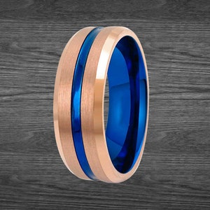 8mm Rose Gold Tungsten Ring - Mens Wedding Band Blue Tungsten Wedding Band Mens Ring Unique Wedding Ring - Rose Gold Ring Beveled Mens Ring