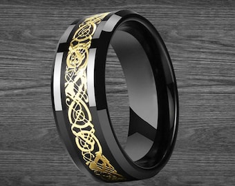 Anillo de oro negro y amarillo para hombre, anillo de tungsteno, anillo vikingo de 8 mm, anillo de boda de oro, anillo para hombre, anillo de boda celta negro para hombres