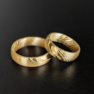 14K Gold Ring Damascus Wedding Band Mens Ring, 6mm Damascus Ring Gold Wedding Band Womens Ring, Damascus Mens Wedding Band Yellow Gold Ring