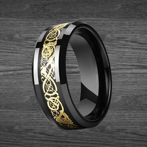 Black & Yellow Gold Ring Mens Wedding Band Tungsten Ring, 8mm Viking Ring Gold Wedding Band Mens Ring Black Celtic Wedding Ring for Men