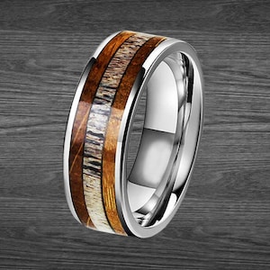 Whiskey Barrel Ring Tungsten Wedding Band Mens Ring - Deer Antler Ring Mens Wedding Band Wood Ring Bourbon Barrel Rings for Men Silver Ring