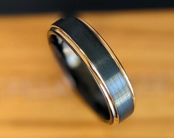 6mm Rose Gold Ring Womens Wedding Band Tungsten Ring Rose Gold Wedding Bands Womens Ring w/ Step Edges Thin Black Ring Couples Ring Set 5-15