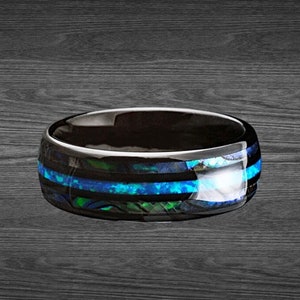 Black Abalone Ring Opal Wedding Band Tungsten Ring Mens Wedding Band Opal Ring 8mm Green and Blue Mens Opal Ring with Abalone Shell Inlays