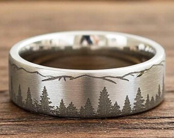 Anillo de plata natural para hombre, alianza de boda única con diseño de montaña y bosque, anillo bohemio de tungsteno de 8 mm con grabado de árbol, regalo de compromiso y aniversario.