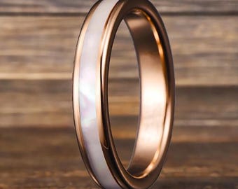 18K Mother of Pearl Ring Rose Gold Wedding Bands Tungsten Ring 4mm/8mm Unique Couples Rings Rose Gold Promise or Engagement Rings for Men