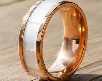 18K Rose Gold Mother of Pearl Ring Mens Wedding Band Tungsten Ring with Golden Inlay 8mm 4mm His and Hers Couples Rings