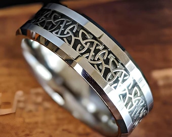 Silver Celtic Ring Mens Wedding Band Tungsten Trinity Knot Celtic Wedding Bands Black Carbon Fiber Mens Ring Unique Irish Gifts Couples Set