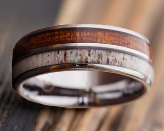 Silver Whiskey Barrel Wedding Band Deer Antler Ring Male Wedding Band Tungsten Ring with Bourbon Wood Inlay 8mm Antler Mens Engagement Rings