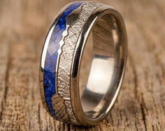 Anillo de lapislázuli azul meteorito de 8 mm para hombre, alianza de boda, anillos de tungsteno plateados con incrustación de flecha
