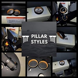 May include: A collage of images showcasing wooden rings with black edges. The rings are displayed on various surfaces, including machinery and a label with the text "PILLAR STYLES". The rings have a natural wood grain interior.