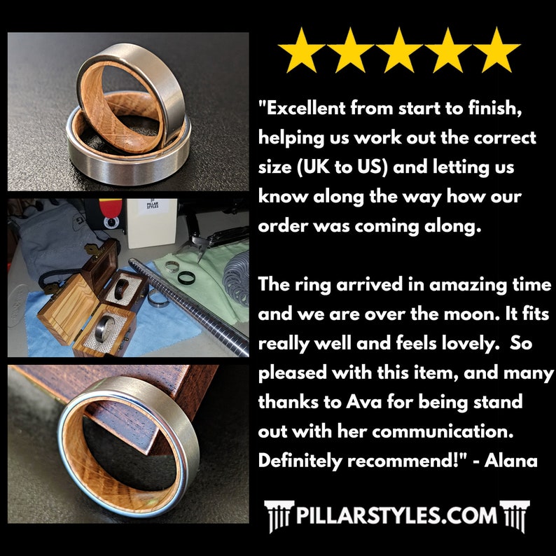 May include: A close-up of two rings with a silver-colored metal band and a wooden interior. The rings are displayed in a wooden box and on a dark surface. The website pillarstyles.com is visible.
