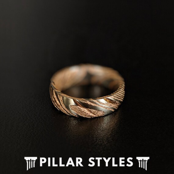 6mm Damascus Ring Mens Wedding Band Rose Gold Ring Damascus Steel Ring  Stainless Steel 18K Rose Gold Damascus Wedding Bands Women Ring