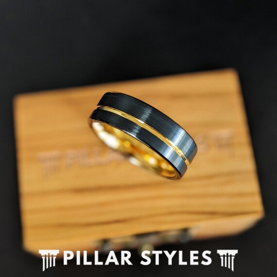 Black and Gold Ring Mens Wedding Band Tungsten Ring 8mm 14K Gold Wedding Band Mens Ring Two Tone Ring Yellow Gold Anniversary Gifts for Him