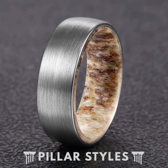 Silver Tungsten Ring Mens Wedding Band Deer Antler Ring 8mm Nature Wedding Rings Unique Stag Elk Antler Promise or Engagement Bands for Him
