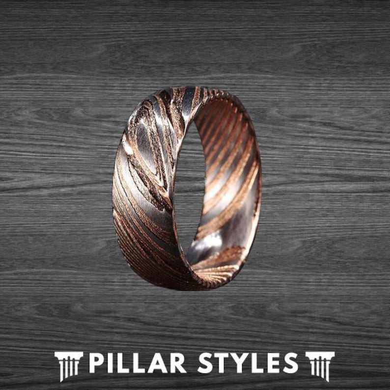 8mm Damascus Steel Ring Mens Wedding Band Damascus Rose Gold Ring Stainless Steel Rose Gold Wedding Band Unique Wedding Ring Mens Ring