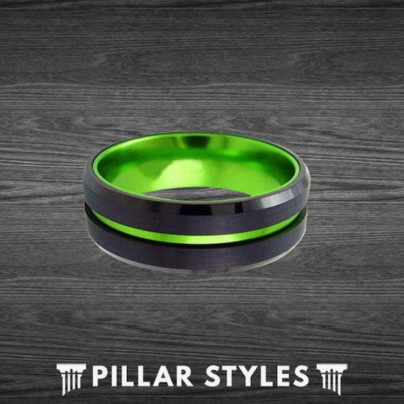 6mm Green Tungsten Ring Womens Wedding Band Tungsten Ring Thin Green Line Gifts Tungsten Wedding Bands Womens Ring Black Ring Couples Rings