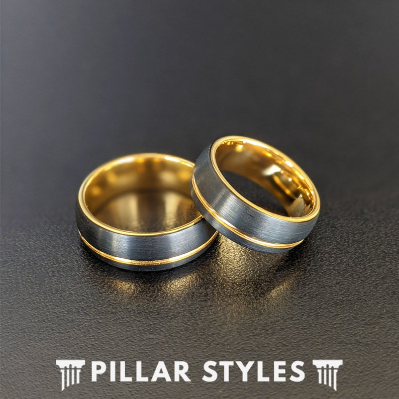 Yellow Gold Mens Wedding Band Tungsten Ring 8mm Black and Gold Ring Unique Black Tungsten Rings for Men 14K Gold Wedding Band Mens Ring