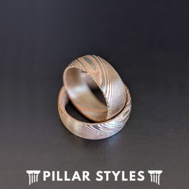 Damascus Steel Ring Mens Wedding Band Rose Gold Ring 8mm/6mm Damascus Ring Rose Gold Wedding Band Mens Ring Unique Couples Rings Set image 2