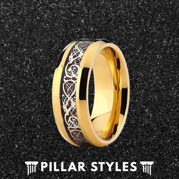 Mens Viking Ring Titanium Wedding Band Yellow Gold Ring 8mm Celtic Ring Mens Wedding Band Titanium Ring with Koa Wood Inlay 14K Gold Ring