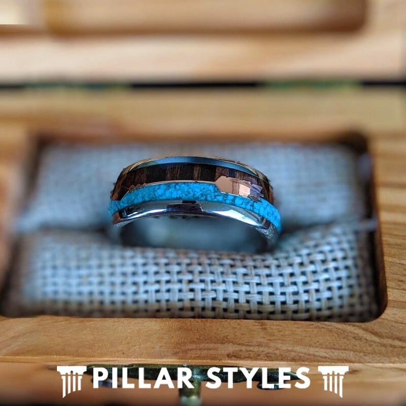 Silver Turquoise Ring Mens Wedding Band Tungsten Ring Koa Wood Wedding Band with Rose Gold Arrow Inlay 8mm Unique Engagement Bands for Him from Pillar Styles with Wooden Ring Box