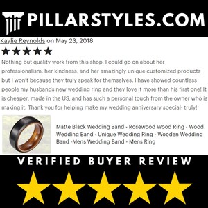 May include: A customer review for a matte black wedding band with a rosewood wood inlay. The review is five stars and includes a photo of the ring. The text of the review reads "Nothing but quality work from this shop. I could go on about her professionalism, her kindness, and her amazingly unique customized products but I won't because they truly speak for themselves. I have showed countless people my husbands new wedding ring and they love it more than his first one! It is cheaper, made in the US, and has such a personal touch from the owner who is making it. Thank you for helping make my wedding anniversary special- truly!"