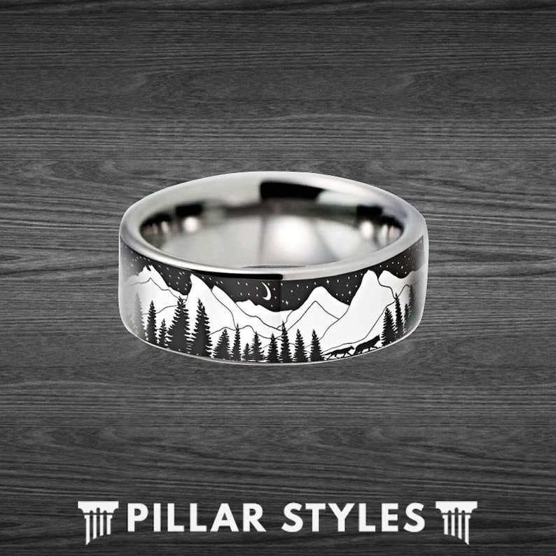 Fir Tree Ring Mens Wedding Band Nature Ring Tungsten Wedding Etsy