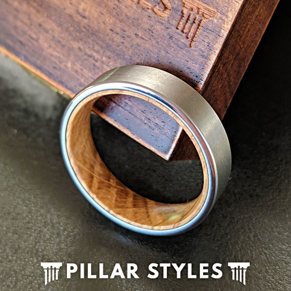 Silver Whiskey Barrel Ring Mens Wedding Band 6mm Wood Inlay | Etsy