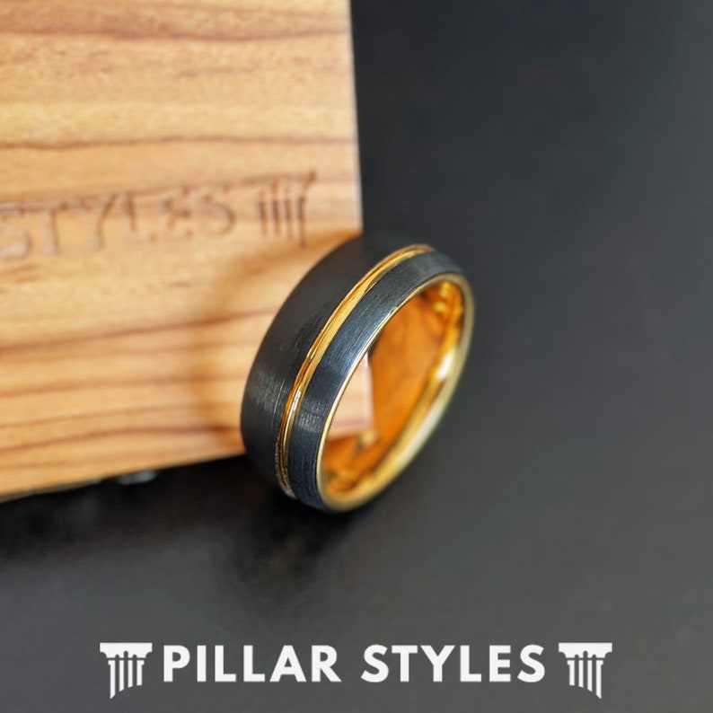 Yellow Gold Mens Wedding Band Tungsten Ring 8mm Black and Gold Ring Unique Black Tungsten Rings for Men 14K Gold Wedding Band Mens Ring