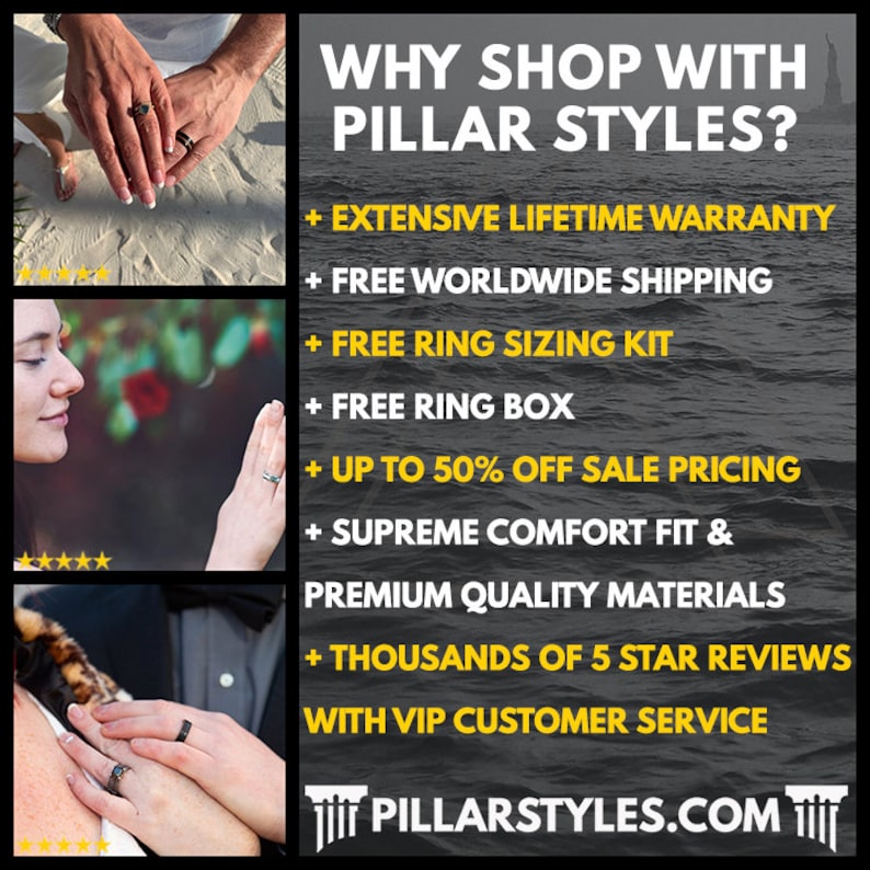 May include: The image showcases close-up shots of hands wearing rings, set against a backdrop of a beach and a couple. Text on the right side reads "WHY SHOP WITH PILLAR STYLES?" and lists benefits like warranty and customer service. The website is pillarstyles.com.