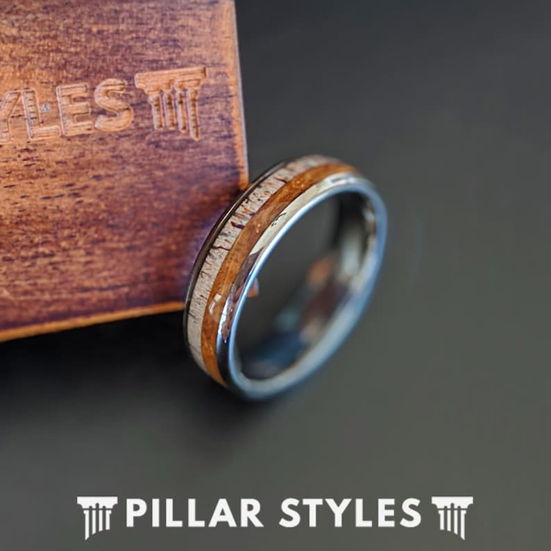 Deer Antler Ring Tungsten Wedding Band Mens Ring Bourbon Wood Ring Mens Rustic Antler /& Whiskey Barrel Ring Mens Wedding Band Tungsten Ring