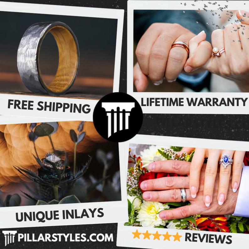 May include: A collection of rings, showcasing various designs. One ring features a hammered metal exterior with a wooden interior. Other rings include a pearl ring, a ring with a blue gemstone, and a ring with a red band. The text "UNIQUE INLAYS" is visible.
