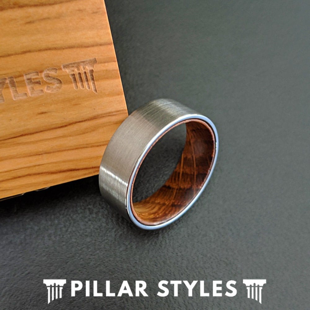 Unique Whiskey Barrel Ring - Wood Wedding Ring - 8mm Mens Wedding Band Whiskey Ring - Tungsten Wedding Band Mens Ring Silver Wood Ring Men